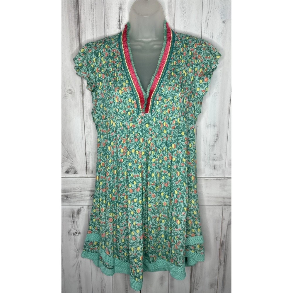 Poupette St Barth Sasha Mini Dress Women's XS Teal Floral Lemons Flutter Sleeve